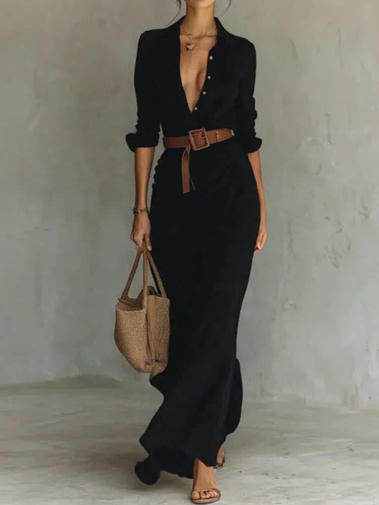 Women's Minimalist Solid Color Belted Lapel Shirt Dress