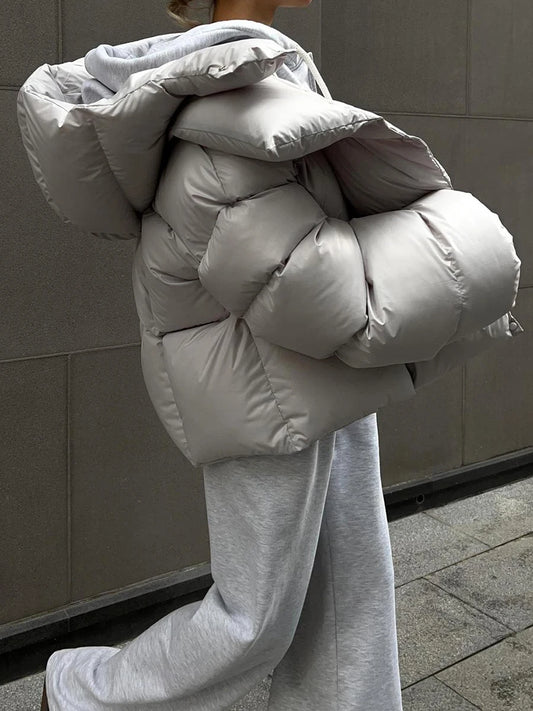 Gray Oversized Short Hooded Puffer Coat  Parka for Autumn Winter 2025