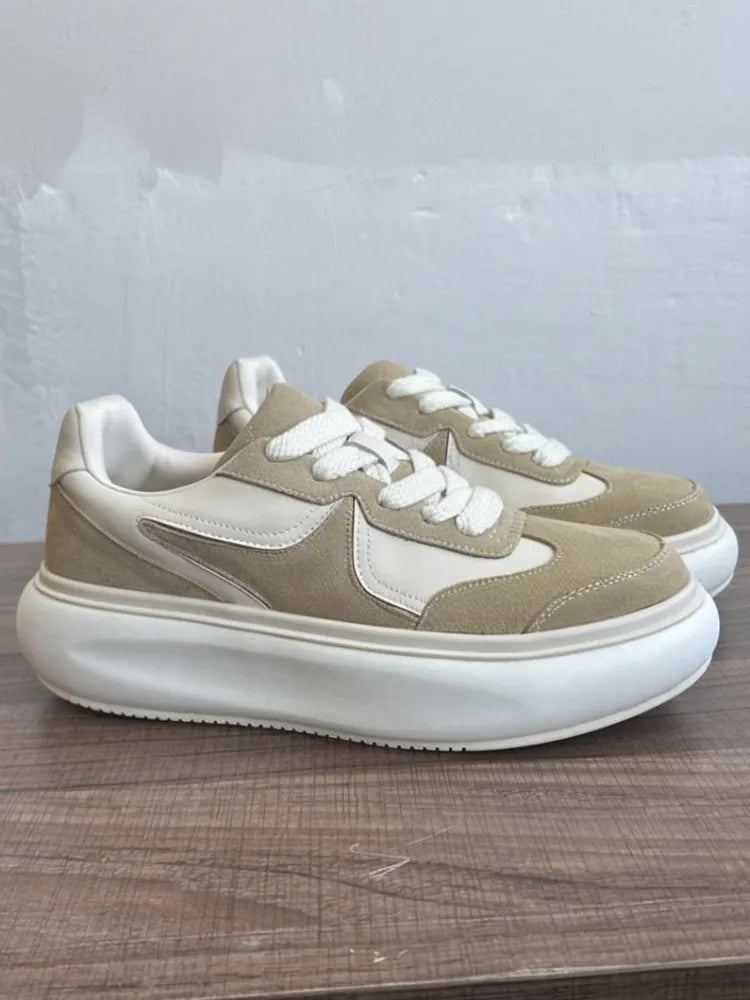 Youth Trend Solid Color Round Toe Platform Unisex Sneakers Handmade Genuine Leather Casual Shoes