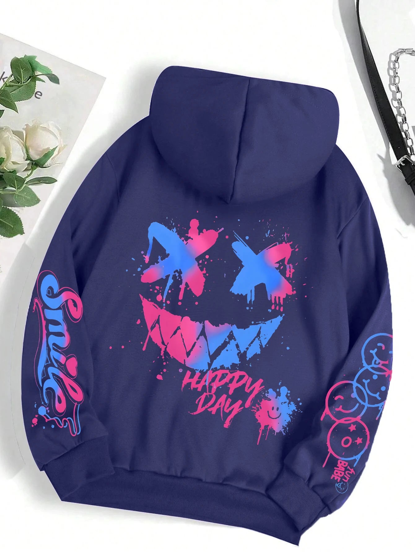 Happy Day Graffiti Print Women Hoodie Oversize Street Hip-Hop Hoody Fashion