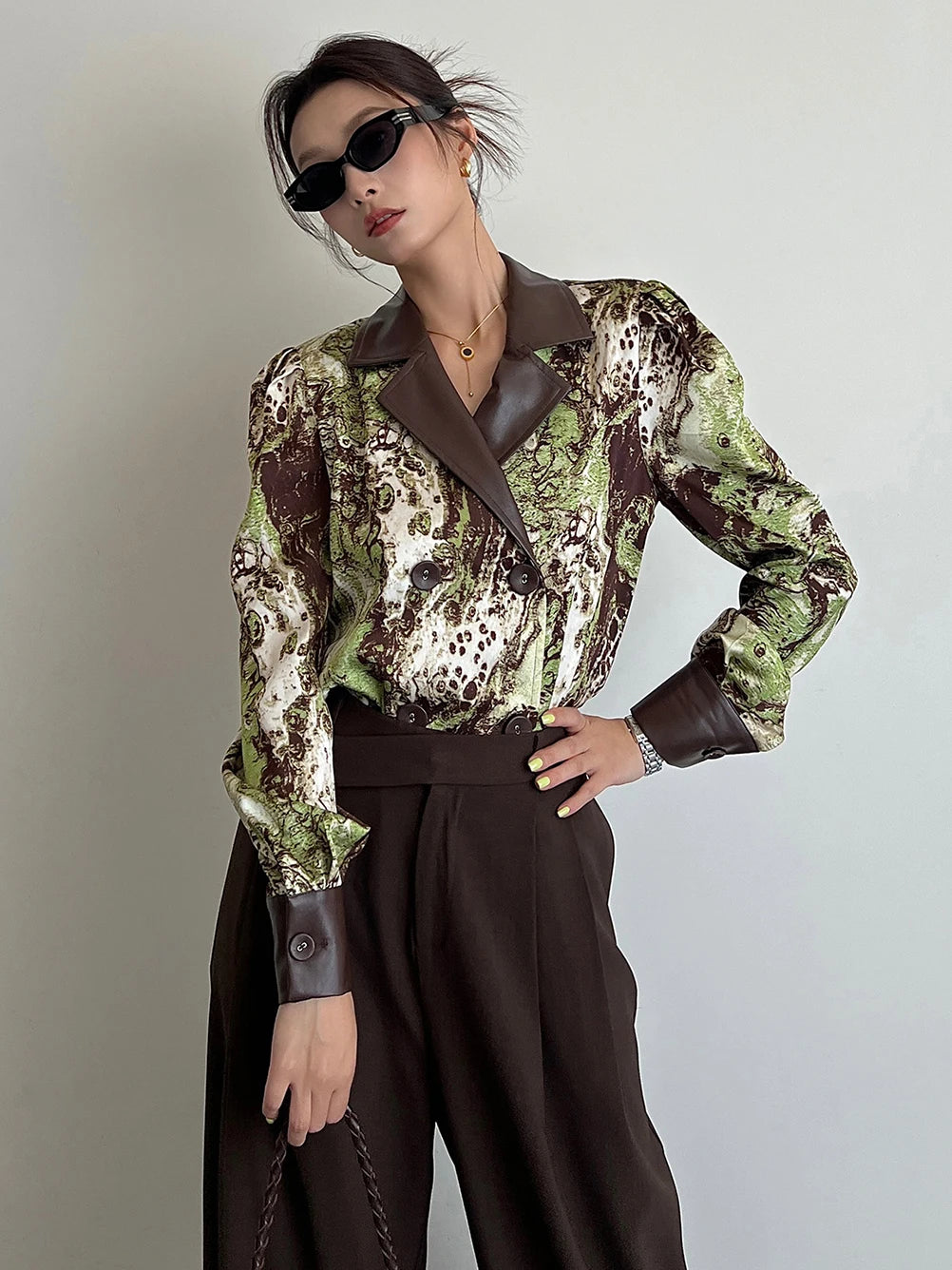 Women's Vintage PU Leather Spliced Blouse Autumn 2025 Fashion