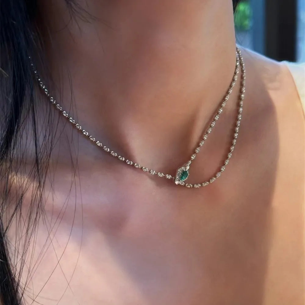 Shelly Real 18K White Gold Snake Necklace w/ Diamonds & Emeralds | AU750