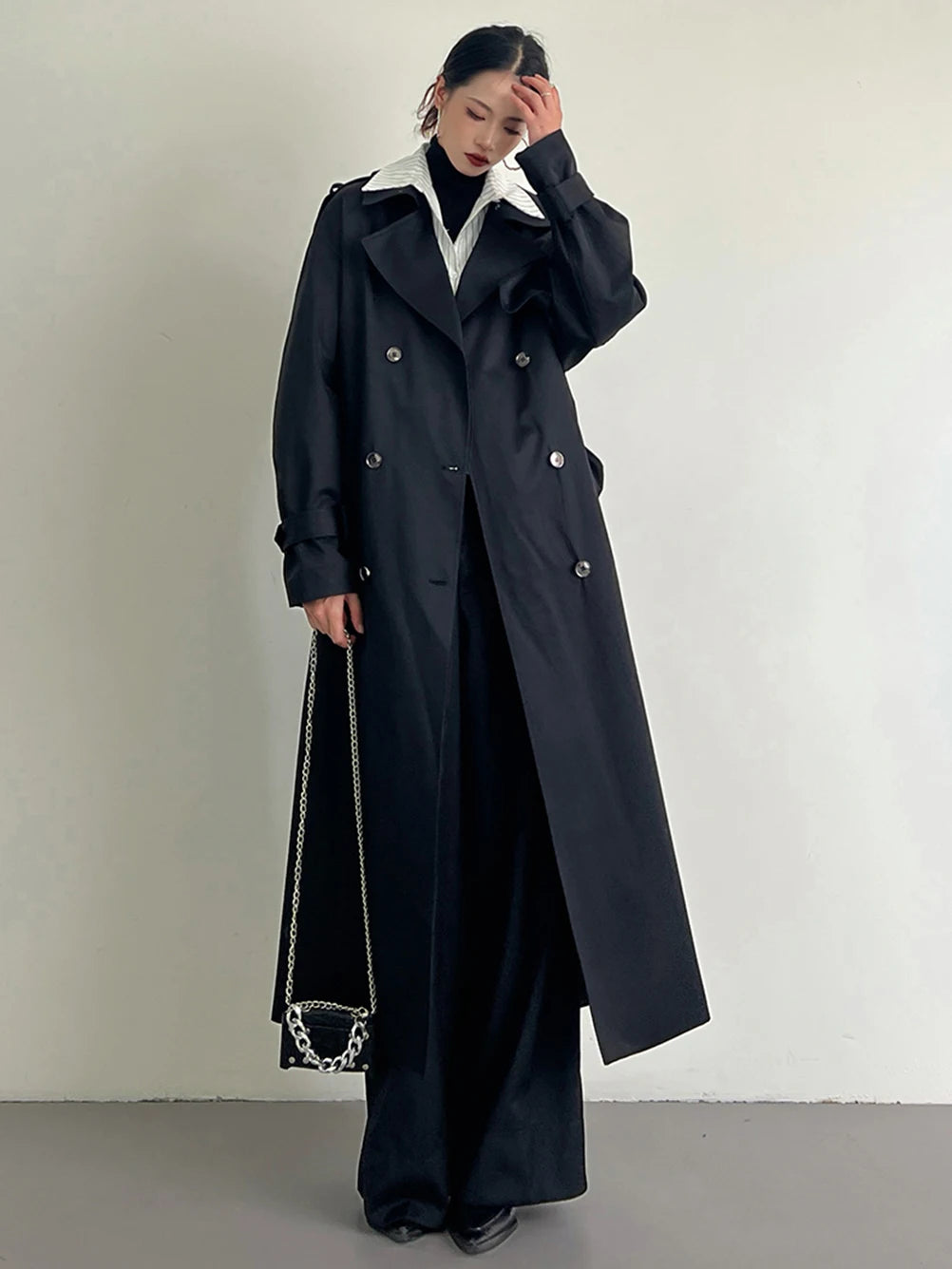Women's Black Plus Size Long Trench Coat Autumn 2025