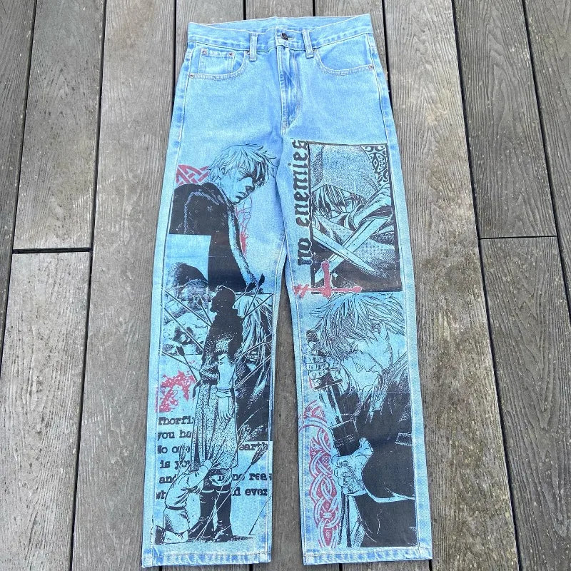 Y2K Anime Baggy Denim Pants Trend Hand Drawn Printed Pattern Unisex Jeans