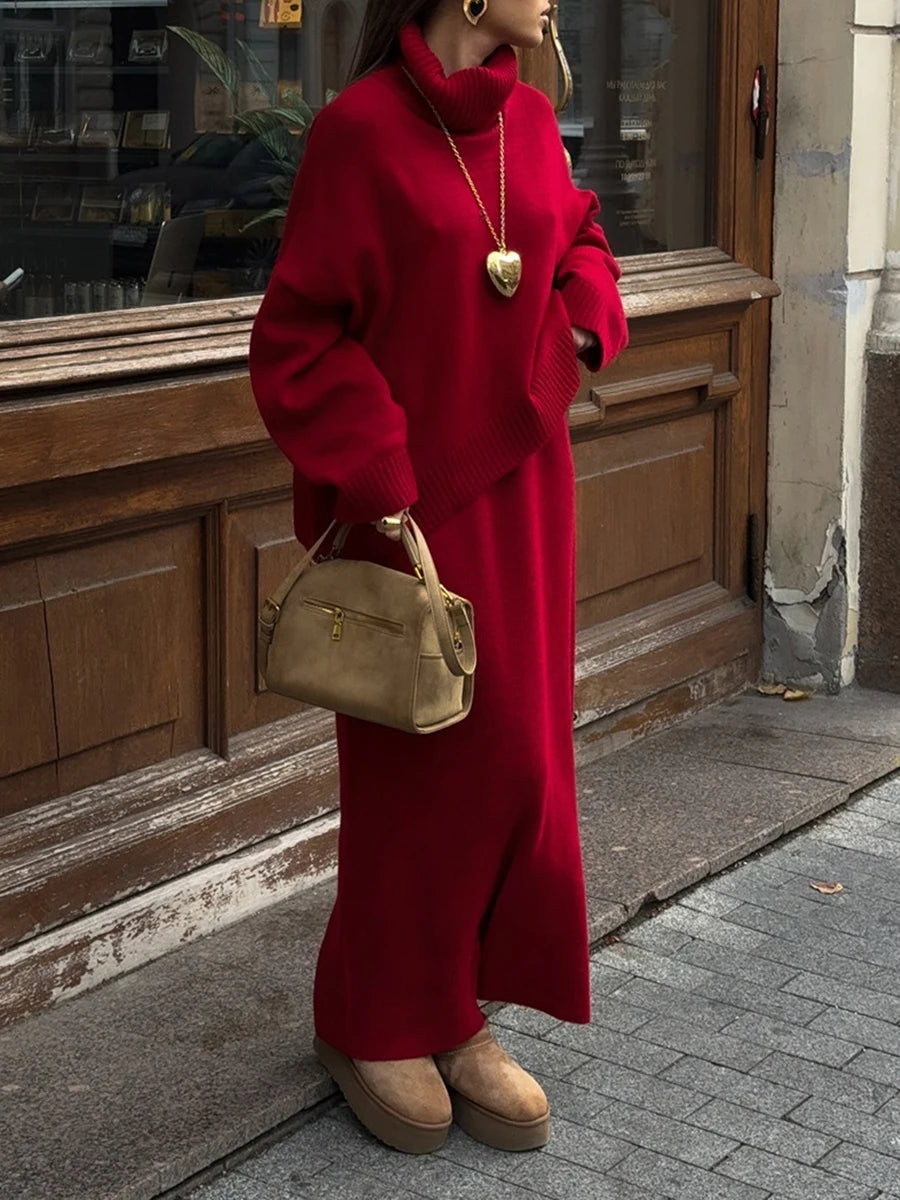 Blue Knit 2-Piece Set – Turtleneck Long Sleeve Sweater & Ankle-Length Skirt for Women
