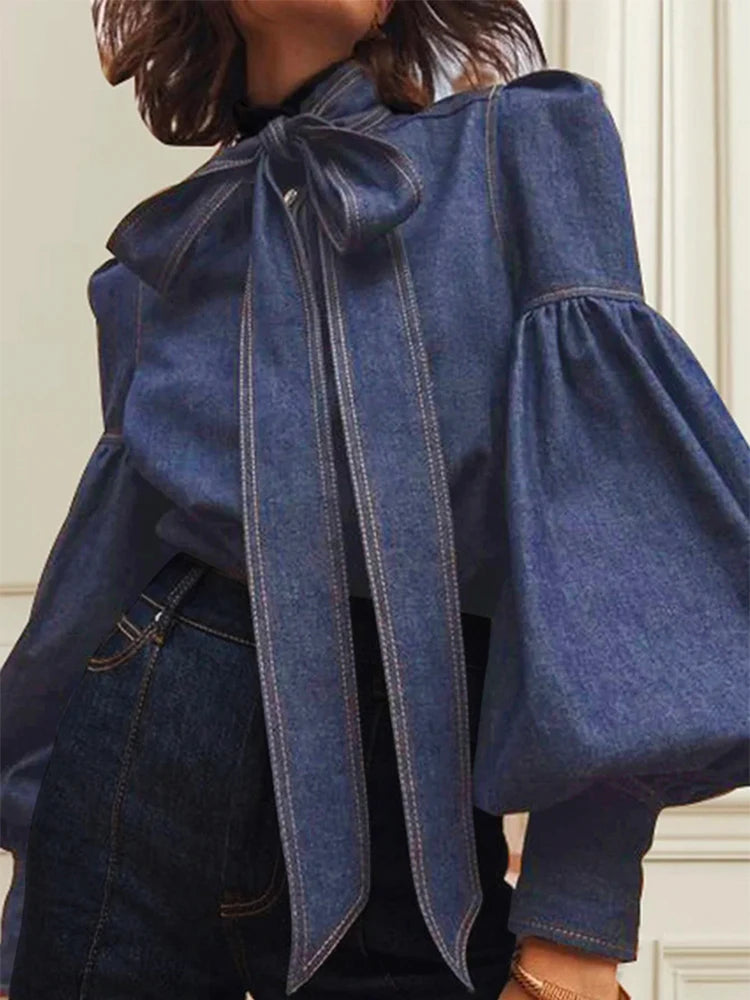 New Trendy Imitation Denim Blouse Puff Sleeves & Bow Neck for Women