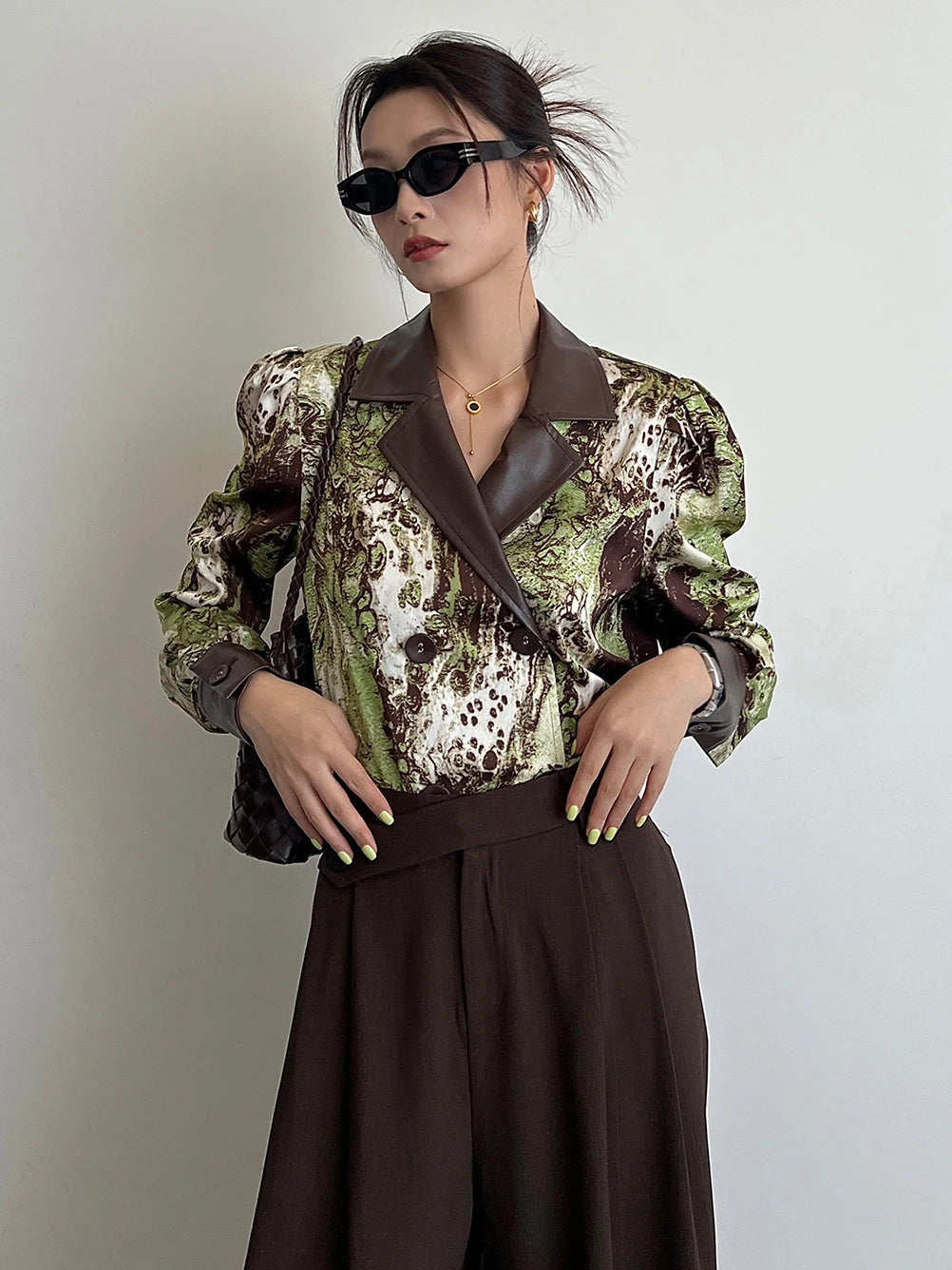Women's Vintage PU Leather Spliced Blouse Autumn 2025 Fashion