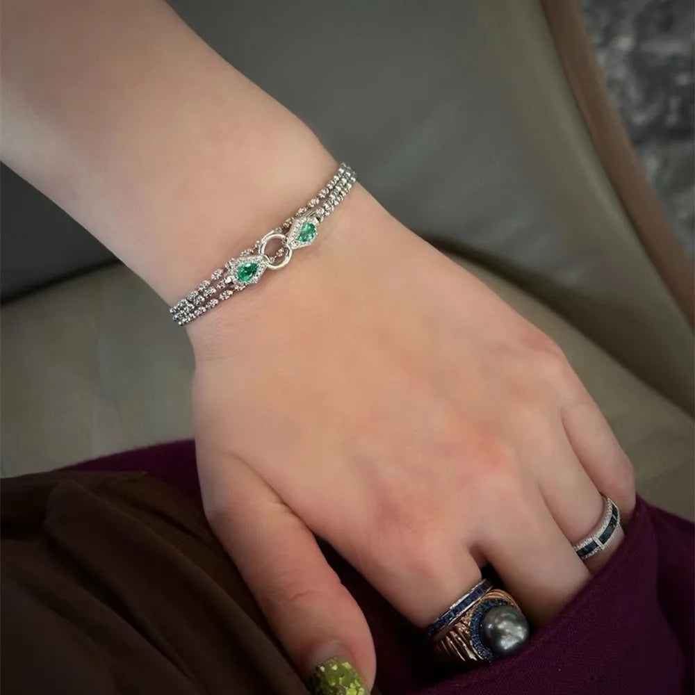 Shelly Real 18K White Gold Snake Necklace w/ Diamonds & Emeralds | AU750