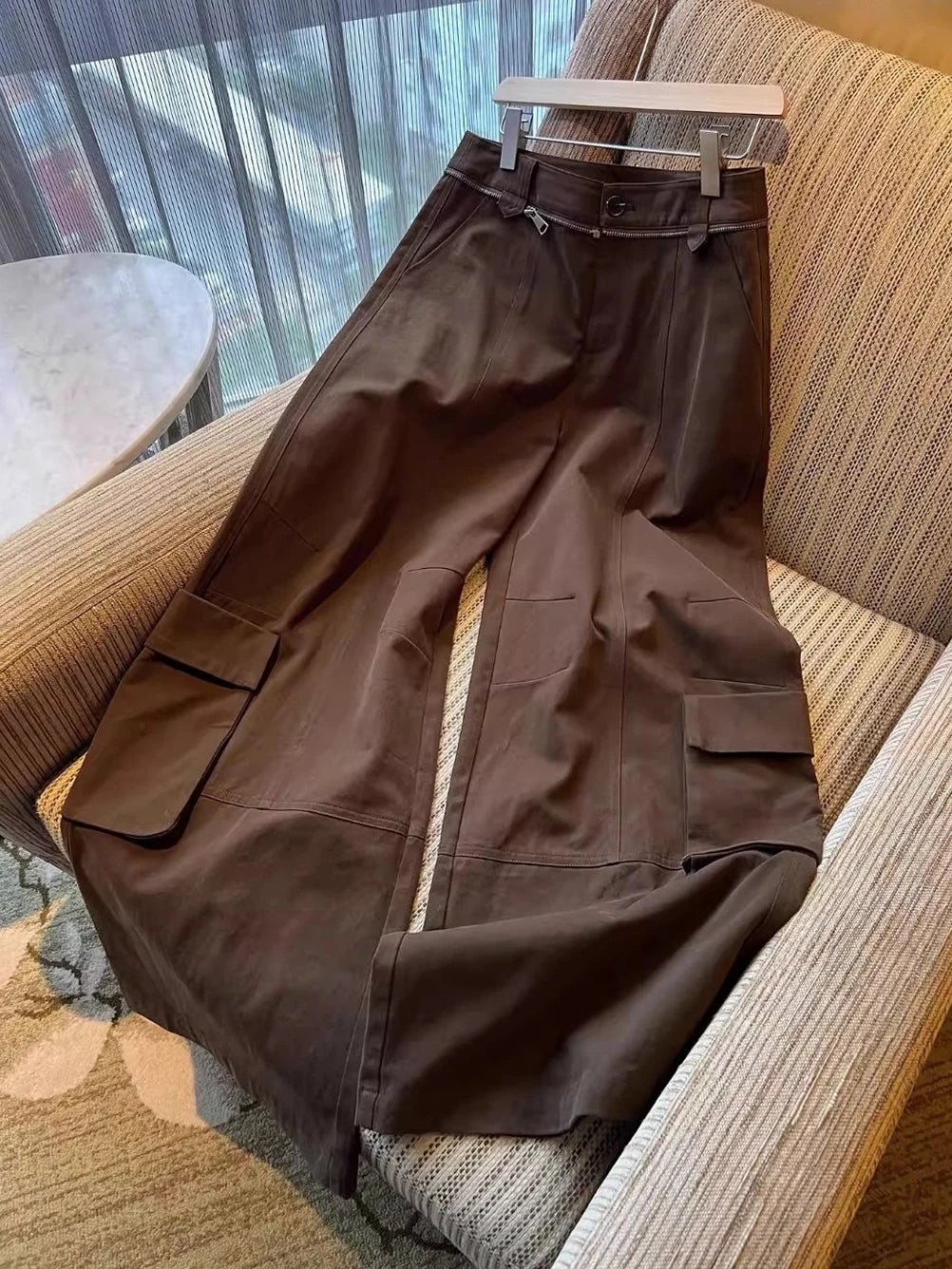 Caramel High-Waisted Wide Leg Cargo Pants for Women