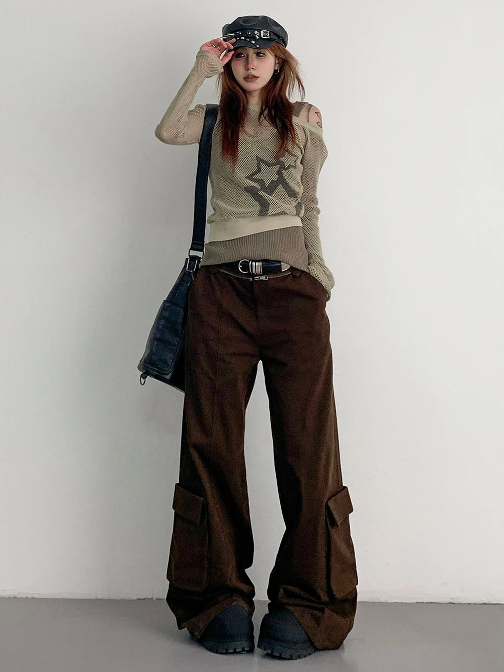 Caramel High-Waisted Wide Leg Cargo Pants for Women