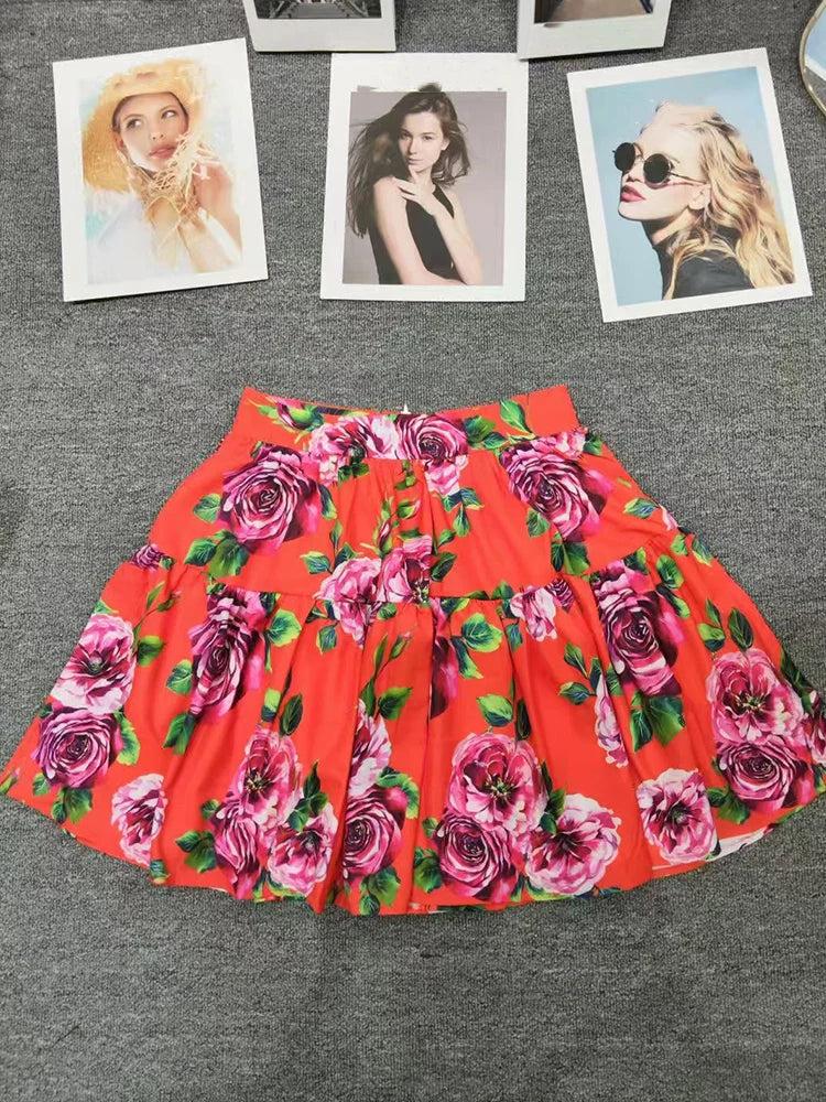 Retro Floral Two-Piece print single-breasted short-sleeved Joker Set