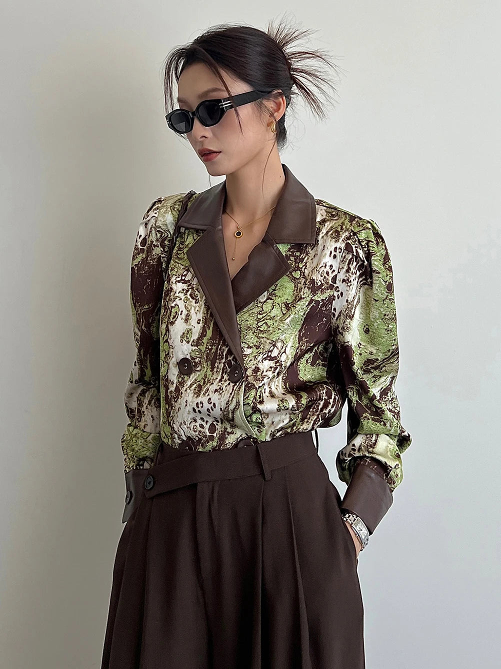 Women's Vintage PU Leather Spliced Blouse Autumn 2025 Fashion