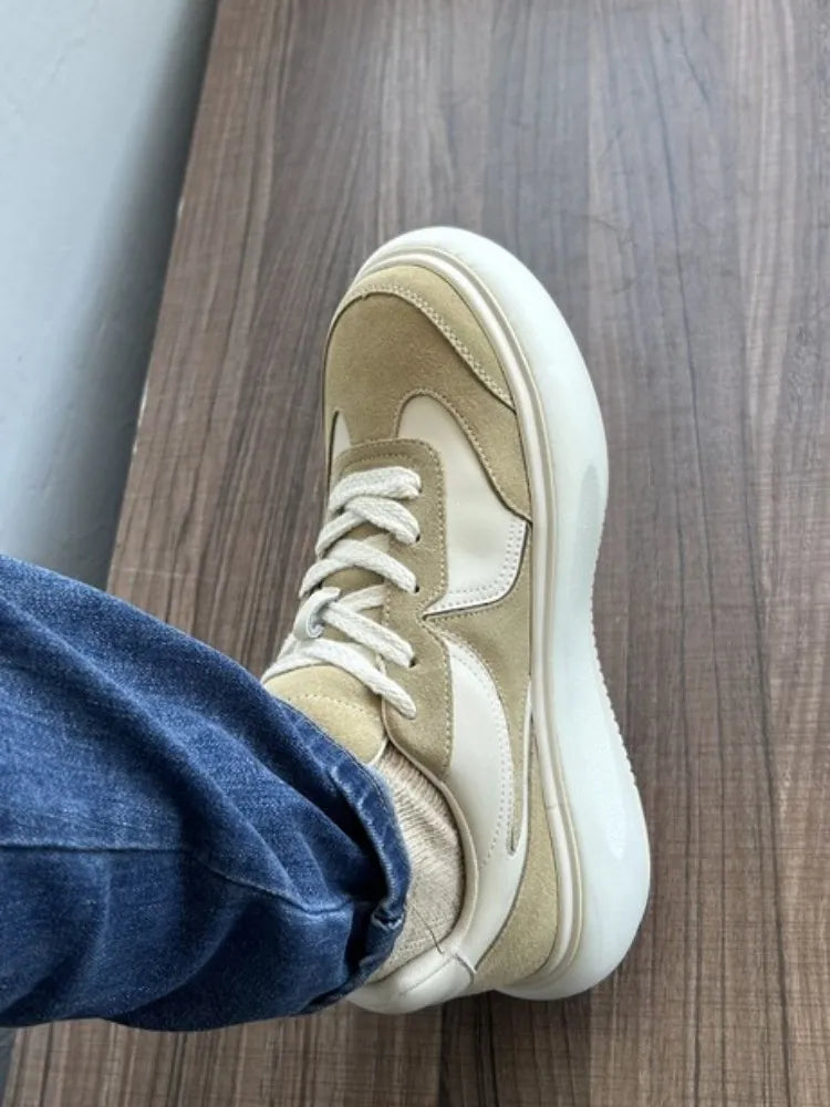 Youth Trend Solid Color Round Toe Platform Unisex Sneakers Handmade Genuine Leather Casual Shoes