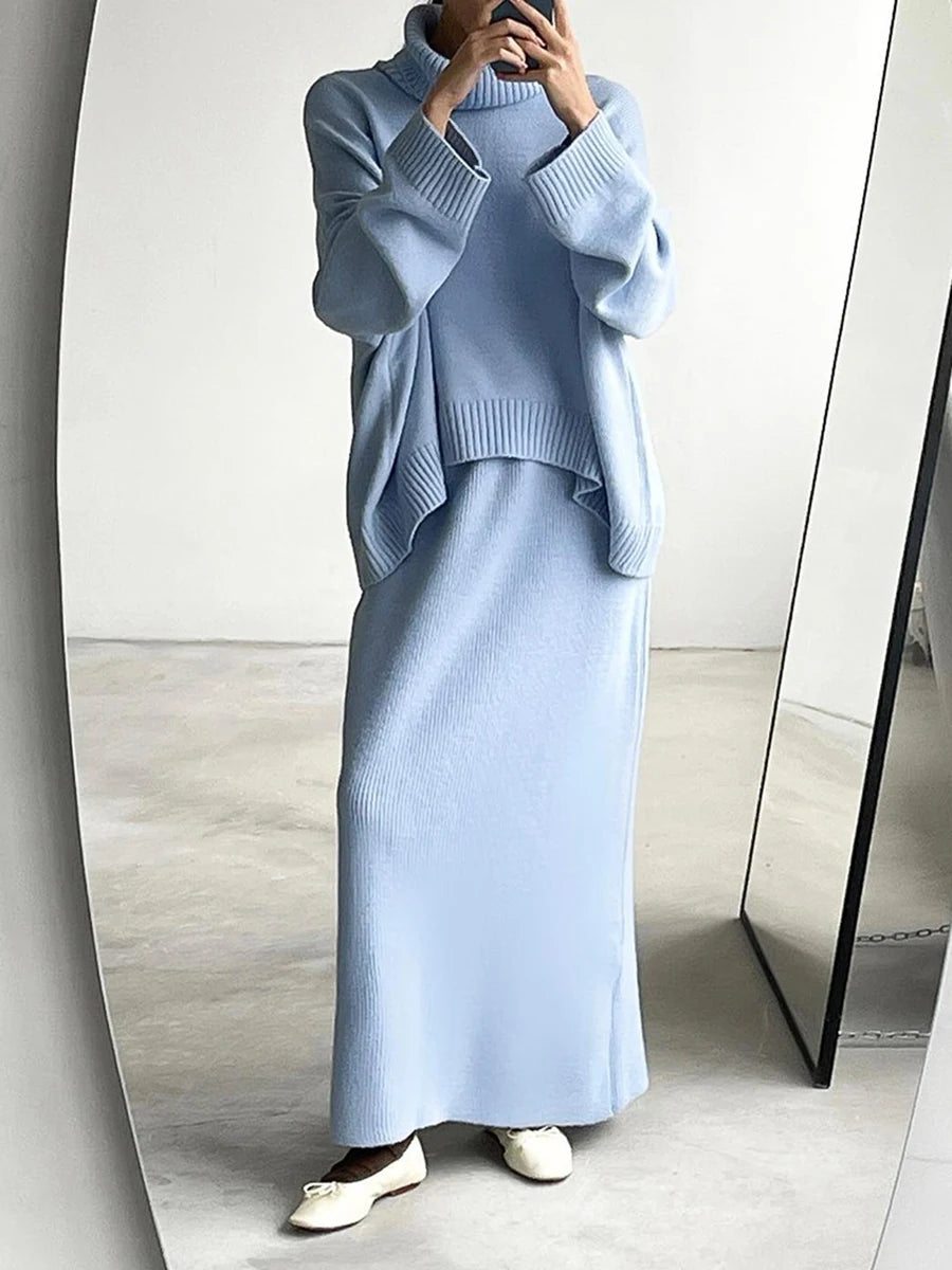 Blue Knit 2-Piece Set – Turtleneck Long Sleeve Sweater & Ankle-Length Skirt for Women