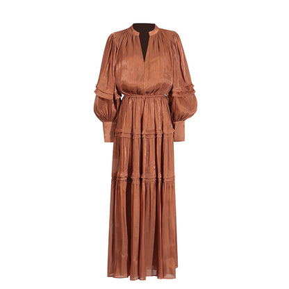 Vintage Dress with Lantern Sleeves Pleated Ruffle Edges Waist Cinching Long Skirt