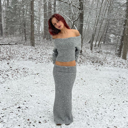 Knitted Long Sleeve Top and Skirt 2-Piece Set