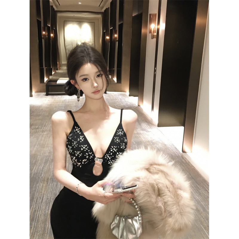 Spicy Women's Dress with Rhinestone Metal Accessories Long Length Fitted Halter Dress