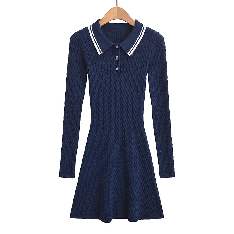 Women's Polo Collar Button Design, Slim Fit and Waist Cinching, Long Sleeved Knitted Dress