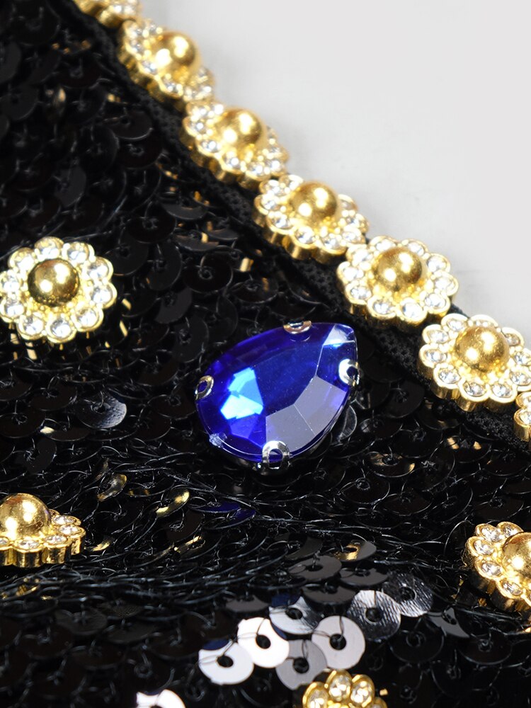 Luxurious Black Evening Dinner Dress Women's Square Collar Crystal Sequins Strap Dress