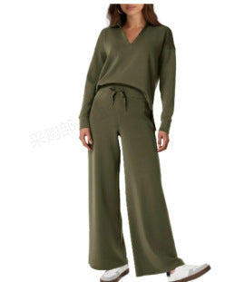 Cross-border New Pure Color Turn-down Collar Loose Casual Straight Pants Multi-color Set