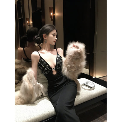 Spicy Women's Dress with Rhinestone Metal Accessories Long Length Fitted Halter Dress