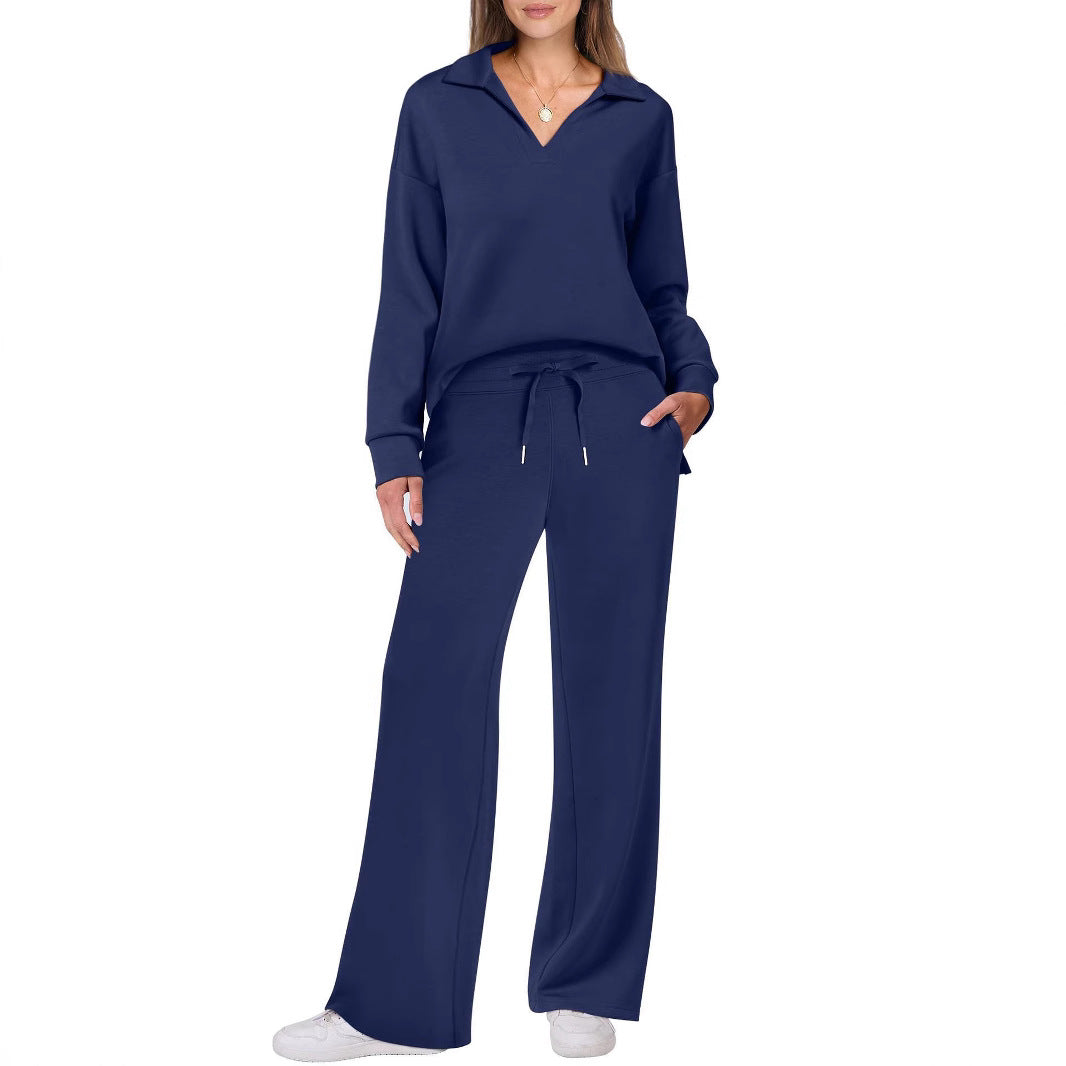 Cross-border New Pure Color Turn-down Collar Loose Casual Straight Pants Multi-color Set