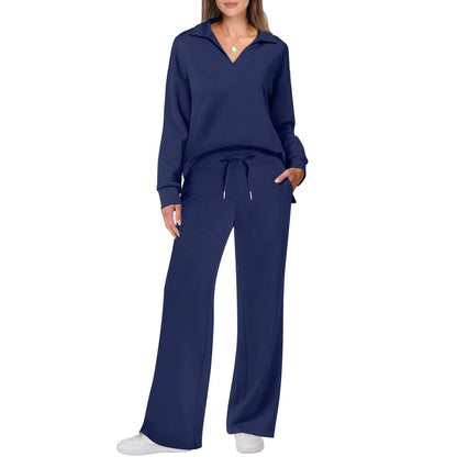 Cross-border New Pure Color Turn-down Collar Loose Casual Straight Pants Multi-color Set