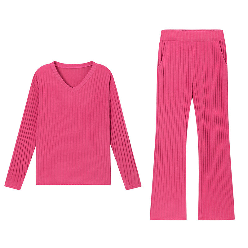 Fashionable Casual Loose V-Neck Ribbed Knit Set for Women