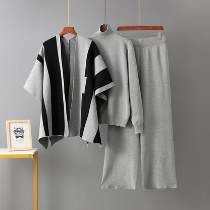 Women’s Shawl, Sweater & Wide Leg Pants 3-Piece Set