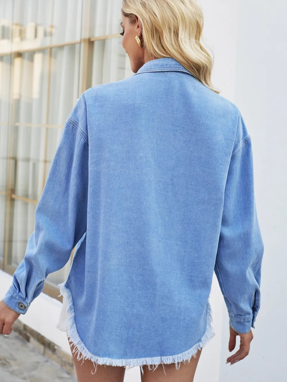 Washed loose nail bead fringed denim top shirt