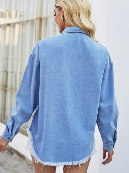 Washed loose nail bead fringed denim top shirt