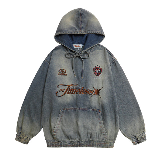 Washed Letter Embroidered Denim Hoodie Unisex Loose Casual Couple Top