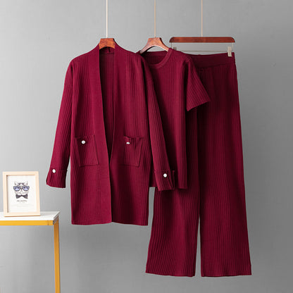 Mid Length Cardigan Jacket+short Sleeved top+wide leg pants three piece set