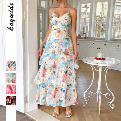 Elegant style suspender printed thousand layer skirt dress