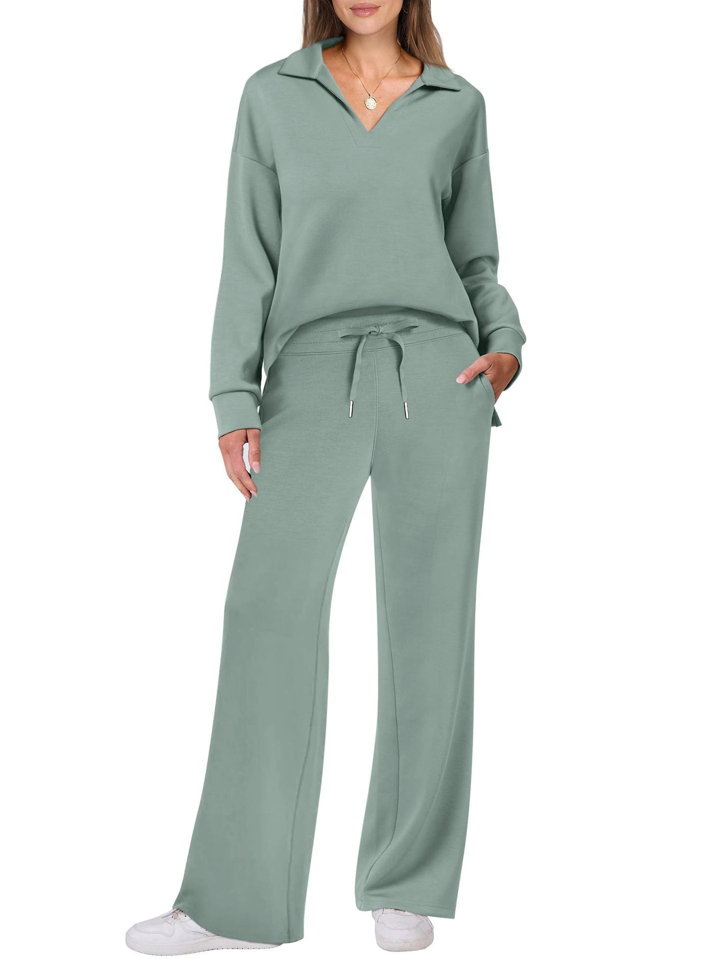 Cross-border New Pure Color Turn-down Collar Loose Casual Straight Pants Multi-color Set