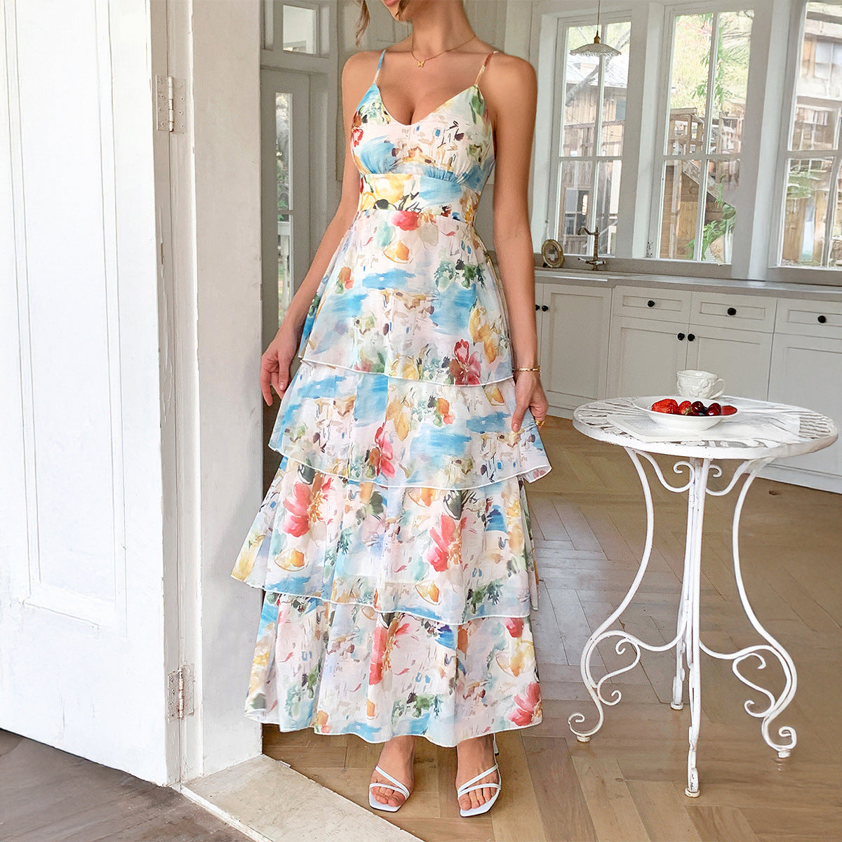 Elegant style suspender printed thousand layer skirt dress