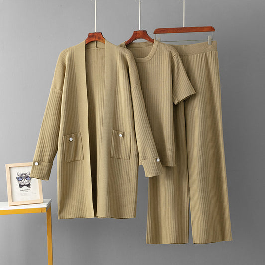 Mid Length Cardigan Jacket+short Sleeved top+wide leg pants three piece set