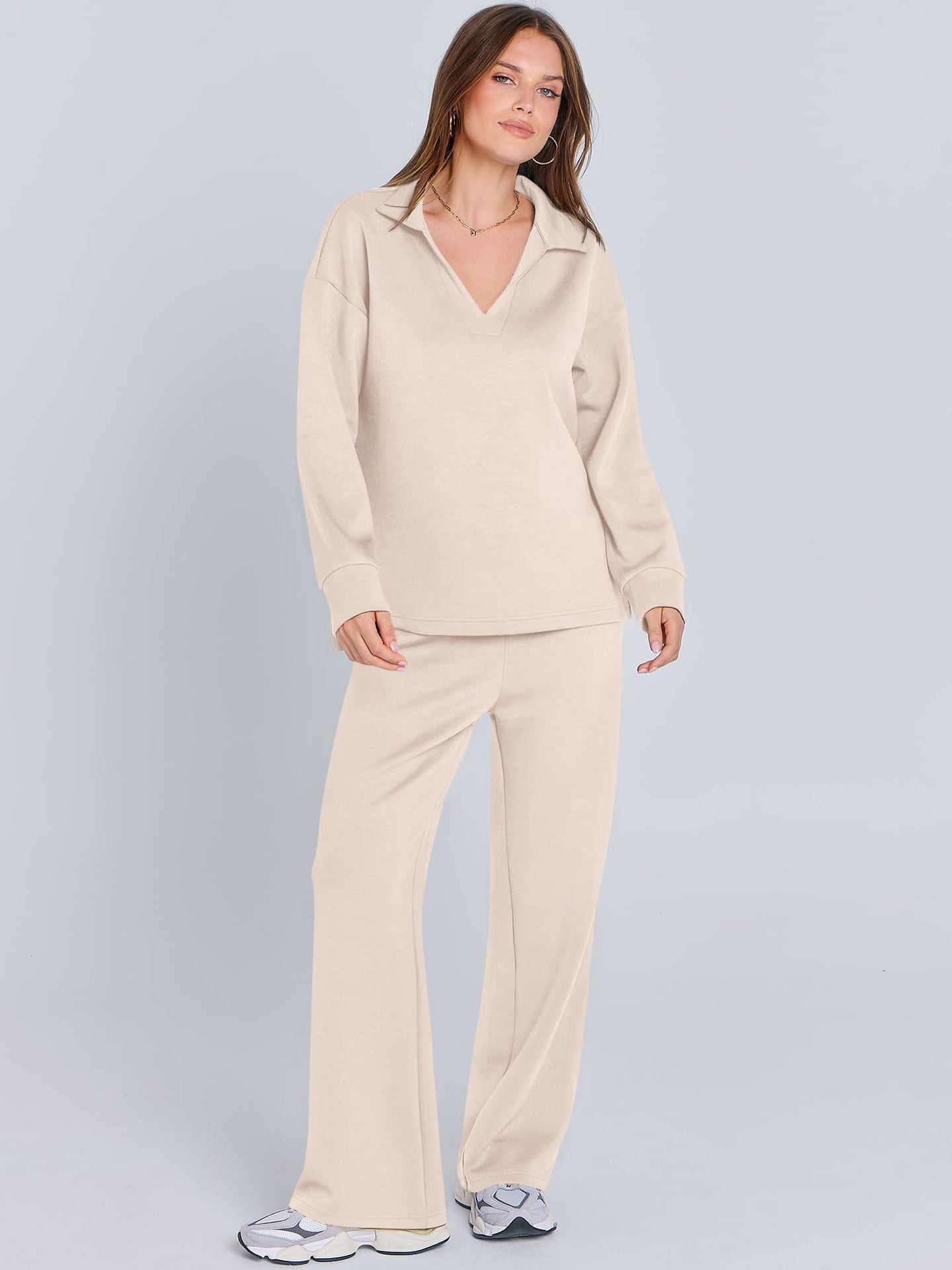 Cross-border New Pure Color Turn-down Collar Loose Casual Straight Pants Multi-color Set