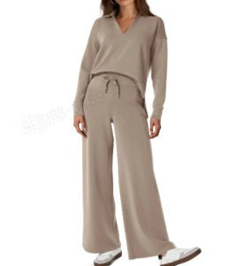 Cross-border New Pure Color Turn-down Collar Loose Casual Straight Pants Multi-color Set