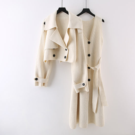 Fashion Knitted 2-Piece Set for Women Coat Straight Belt Dresses