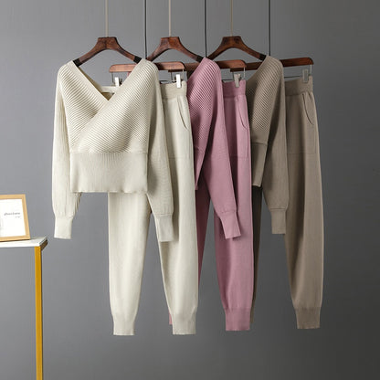 New V-Neck Sweater + Casual Sport Pants Two-Piece Set for Women