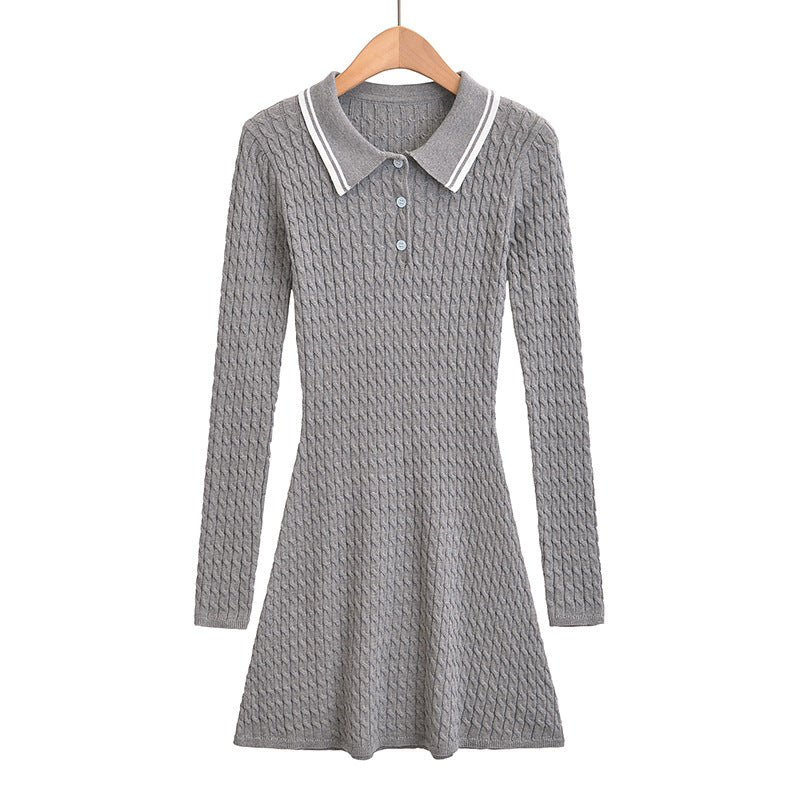 Women's Polo Collar Button Design, Slim Fit and Waist Cinching, Long Sleeved Knitted Dress