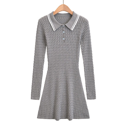Women's Polo Collar Button Design, Slim Fit and Waist Cinching, Long Sleeved Knitted Dress
