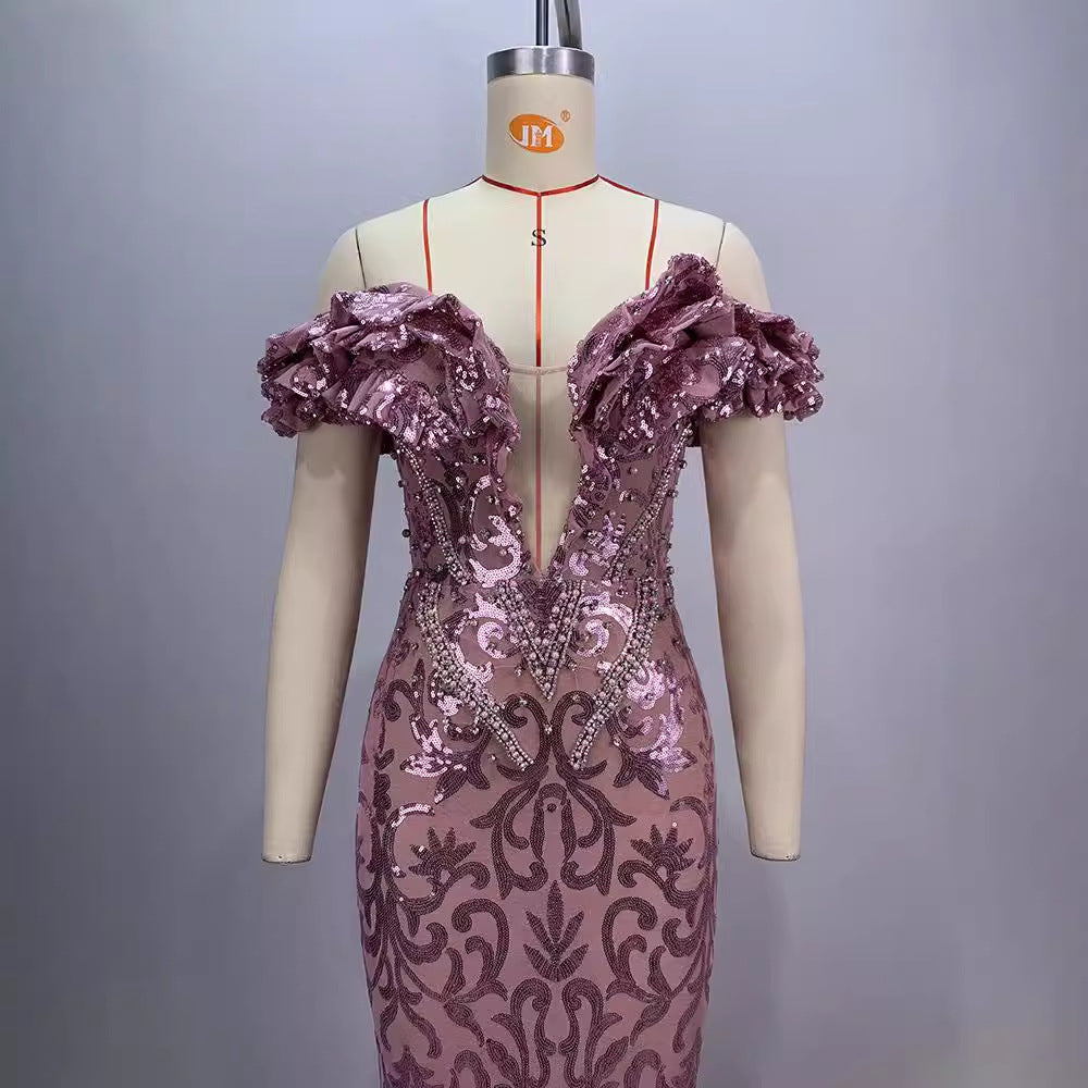 European and American style pink sexy and charming mesh evening dress