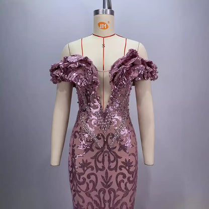 European and American style pink sexy and charming mesh evening dress