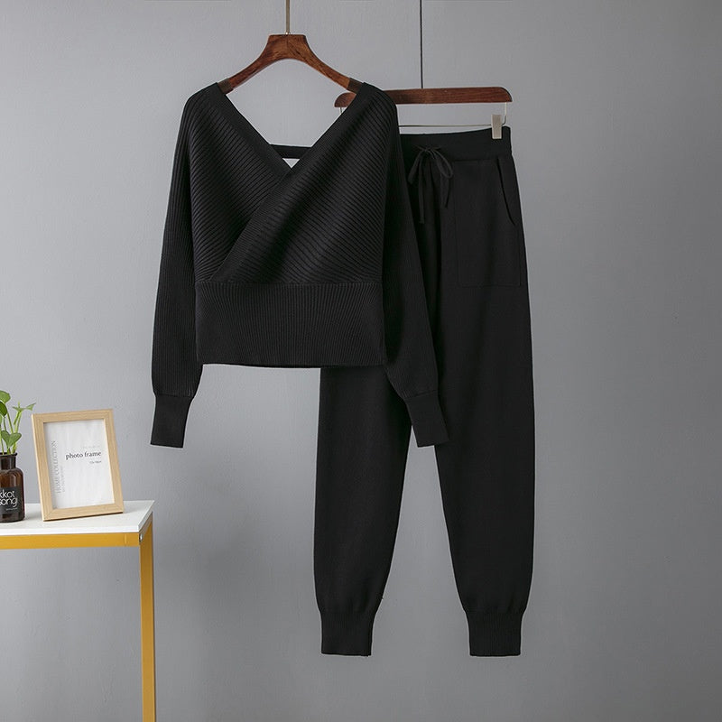 New V-Neck Sweater + Casual Sport Pants Two-Piece Set for Women