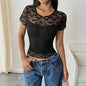 Solid color slim fit lace patchwork T-shirt for women