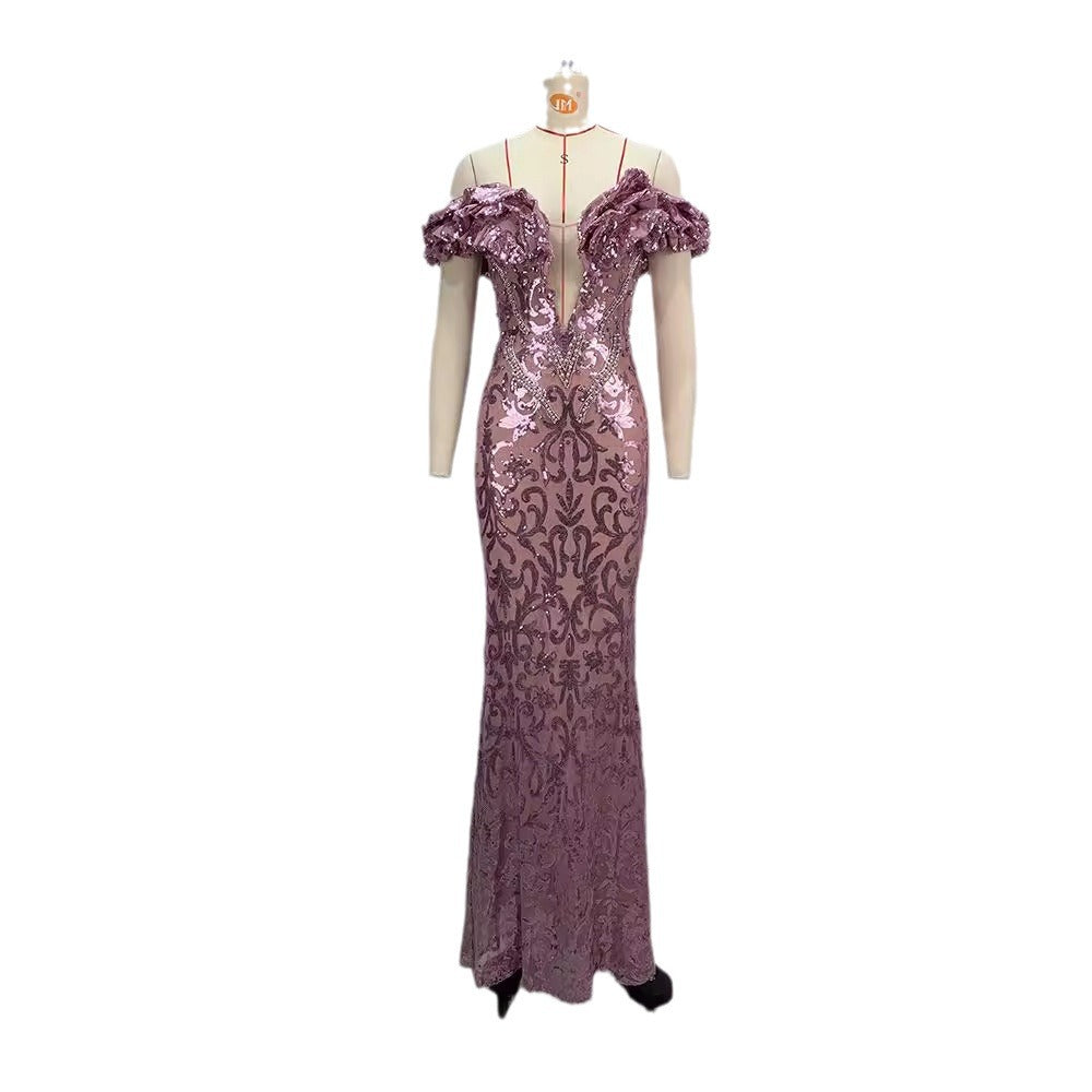 European and American style pink sexy and charming mesh evening dress