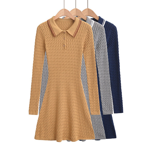 Women's Polo Collar Button Design, Slim Fit and Waist Cinching, Long Sleeved Knitted Dress