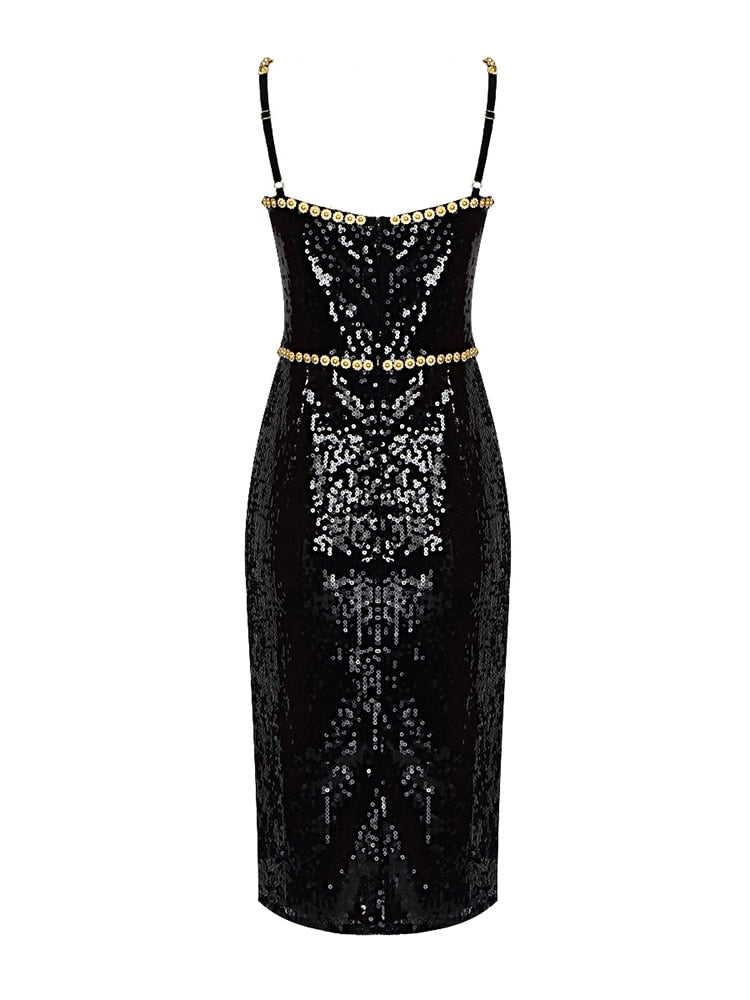 Luxurious Black Evening Dinner Dress Women's Square Collar Crystal Sequins Strap Dress